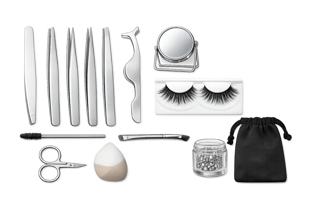 Beauty tweezer and accessory kit including tweezers, mirror, lashes, and brushes