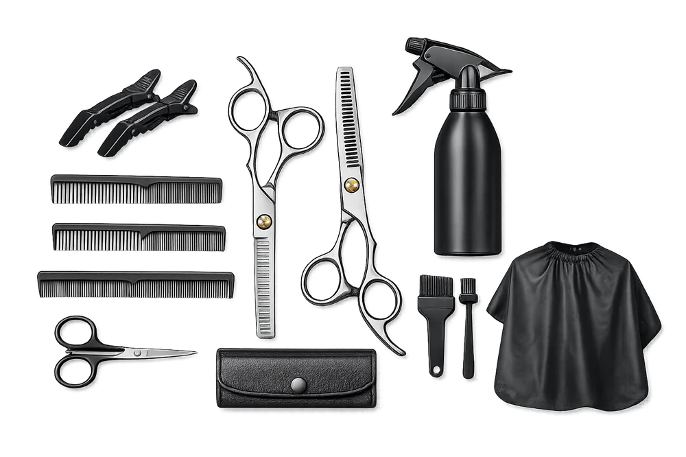 Hairdressing scissor kit including cutting and thinning shears, combs, clips, and spray bottle