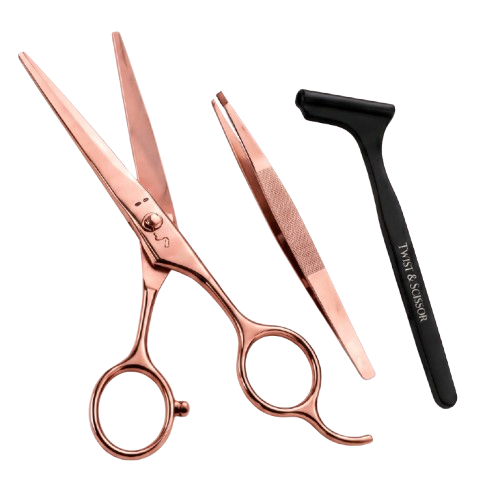 Premium beauty and grooming instruments — scissors, tweezers, and razor