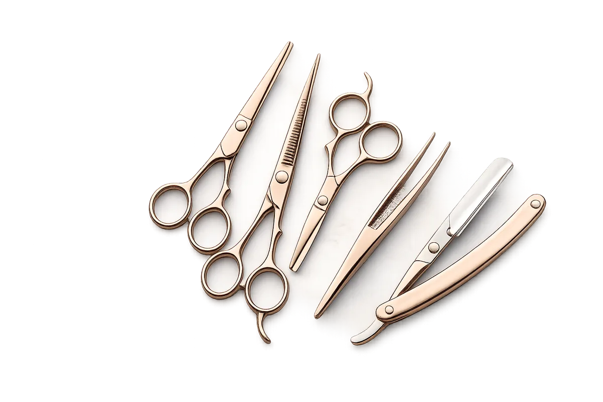 A fanned collection of precision stainless steel hairdressing scissors, thinning shears, and tweezers