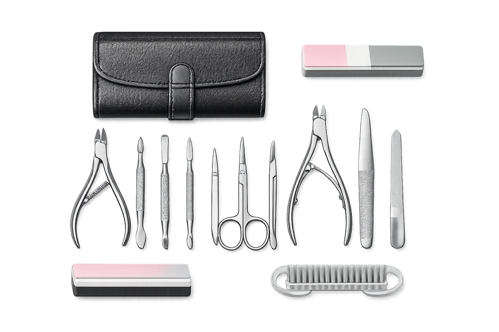 Manicure instrument kit including clippers, nail files, cuticle pushers, and case
