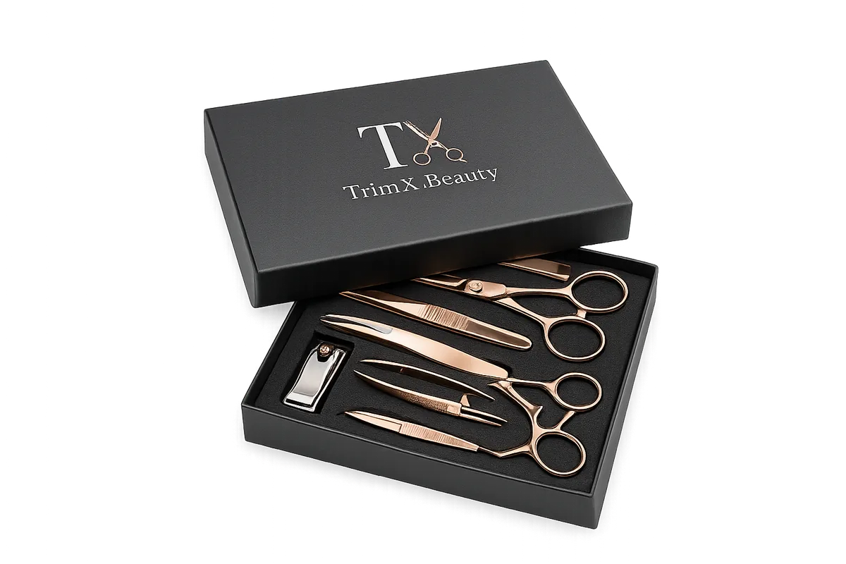 TrimX.Beauty branded gift box open, showing a rose gold manicure and grooming instrument set
