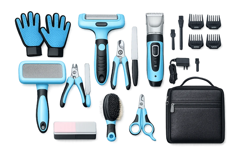 Pet grooming kit including clippers, shears, brushes, nail clippers, and case