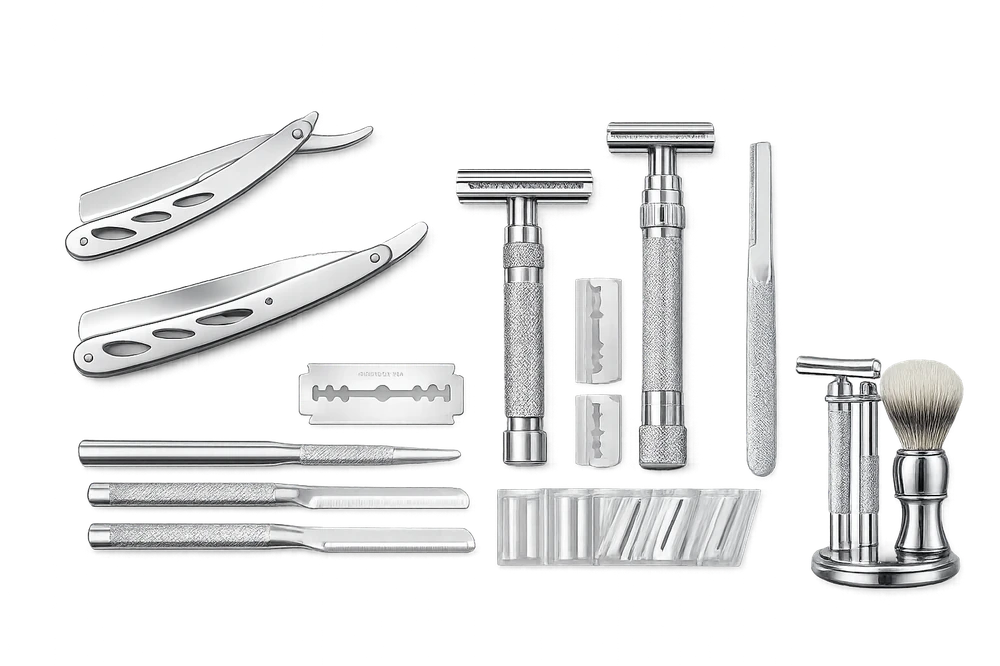 Razor kit including straight razors, safety razors, blades, and shaving brush